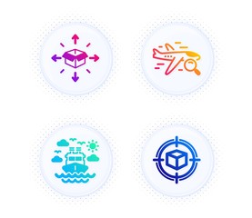 Ship travel, Search flight and Parcel delivery icons simple set. Button with halftone dots. Parcel tracking sign. Cruise transport, Find travel, Logistics service. Box in target. Vector
