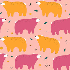 Hand drawn background with bears and flowers. Pattern with cute design. Scandinavian style design. 