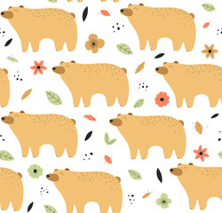 Hand drawn  background with bears and flowers. Pattern with cute design. Scandinavian style design. 