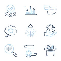 Fireworks, Search text and Loyalty star line icons set. Diploma certificate, save planet, group of people. Hat-trick, Survey results and Text message signs. Vector