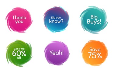 Swirl motion circles. Save 75%, extra 60% discount and did you know. Thank you phrase. Sale shopping text. Twisting bubbles with phrases. Spiral texting boxes. Big buys slogan. Vector