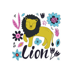 Hand drawn colorful lion with flowers. Lion - word with cute design. Scandinavian style design. 