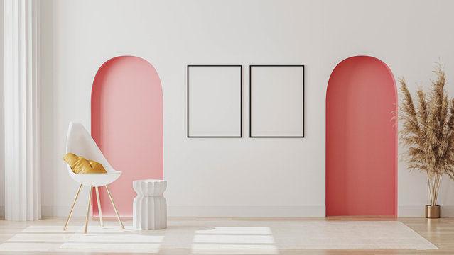 Blank poster frame mockup on wall in modern living room interior with decorative pastel pink arches, column, chair with pillow, 3d rendering