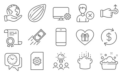 Set of Business icons, such as Drag drop, Fast payment. Diploma, ideas, save planet. Hand washing, Smartphone, Clock. Almond nut, Romantic gift, File management. Vector