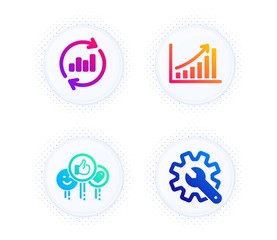 Like, Update data and Graph chart icons simple set. Button with halftone dots. Customisation sign. Social media likes, Sales chart, Growth report. Settings. Technology set. Vector