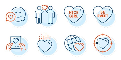 Heart target, Be sweet and Love mail signs. Friends world, Heart and Dating line icons set. Nice girl, Friends couple symbols. Love, Valentine letter. Love set. Outline icons set. Vector