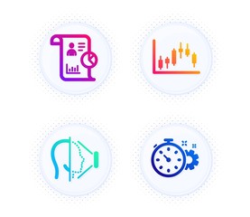 Face id, Candlestick graph and Report icons simple set. Button with halftone dots. Cogwheel timer sign. Phone scanning, Finance chart, Work statistics. Engineering tool. Science set. Vector