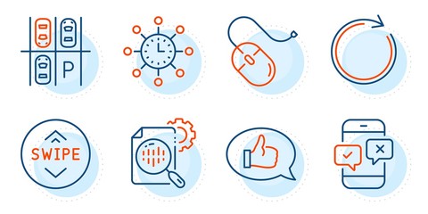 Parking place, Synchronize and Phone survey signs. World time, Feedback and Swipe up line icons set. Seo stats, Computer mouse symbols. Measurement device, Speech bubble. Technology set. Vector
