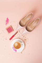 shoes, flowers, coffee and cosmetics concept female energy.