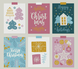 Christmas greeting cards with fir trees, leaves, house, stars, gifts