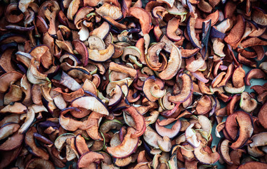 Natural cut dry Apple. Autumn background of dried fruit.