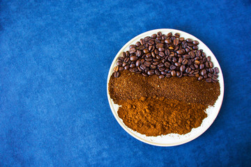 Coffee beans, seeds and roasted coffee for espresso, cappuccino and americano
