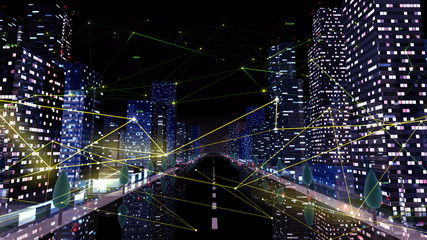 Digital City Network Building Technology Communication Data Business 3D illustration Background