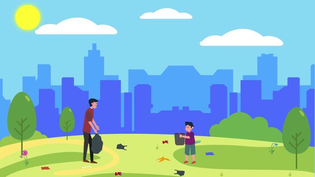 Little boy help his father while clean up the park