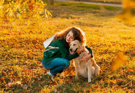 Smiling woman hugging her pet golden retriever dog near face. Golden retriever dog playing with a curly woman walking outdoors sunny day. love and care for the pet.