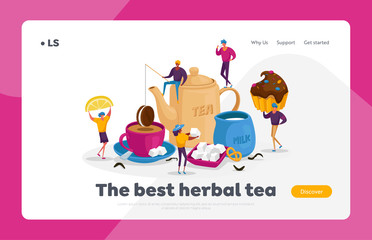 People Drinking Tea Landing Page Template. , Hot Drinks Party. Tiny Characters at Huge Teapot Cup with Beverage and Milk