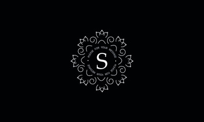 Elegant round monogram template with letter S. Creative white logo on black background. Vector illustration of business, cafe, office, restaurant, heraldry.