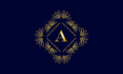 Graceful round monogram template with letter A. Golden creative logo on dark background. Vector illustration of business, cafe, office, restaurant, heraldry.