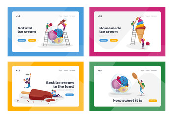 Ice Cream Landing Page Template Set. Sweet Dessert in Cup, Sundae Balls with Sprinkles, Chocolate Popsicle, Frozen Meal