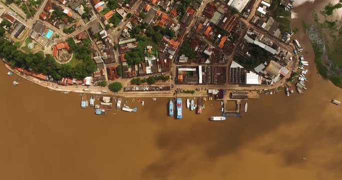 Small town called &Oacute;bidos, on the banks of the Amazon River. Aerial view loking down.
