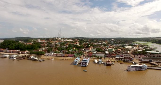 Small town called &Oacute;bidos, on the banks of the Amazon River. Aerial view.