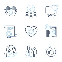 Parking payment, Ranking star and Safe water line icons set. Diploma certificate, save planet, group of people. Fireworks, Heart and Like hand signs. Paid garage, Love rank, Hold drop. Vector