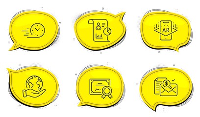 Accounting report sign. Diploma certificate, save planet chat bubbles. Fast delivery, Report and Augmented reality line icons set. Stopwatch, Work statistics, Phone simulation. Check finance. Vector
