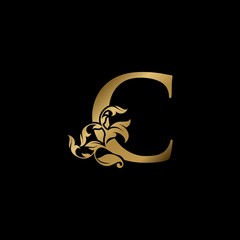 Obraz na płótnie Canvas Golden Luxury C Letter Initial Logo Icon, Monogram Ornate Nature Floral Leaf Letter Logo Design