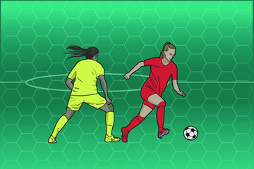 Dos mujeres jugando al fútbol sobre fondo abstracto