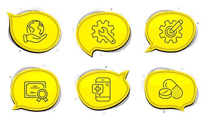 Cogwheel sign. Diploma certificate, save planet chat bubbles. Medical drugs, Medical phone and Customisation line icons set. Medicine pills, Mobile medicine, Settings. Edit settings. Vector