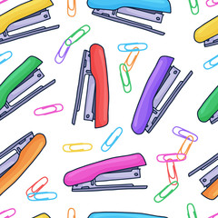 Beautiful hand drawn seamless pattern fashion stapler icon and paper clip. Hand drawn colorful sketch.