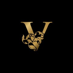 Golden Luxury V Letter Initial Logo Icon, Monogram Ornate Nature Floral Leaf Letter Logo Design