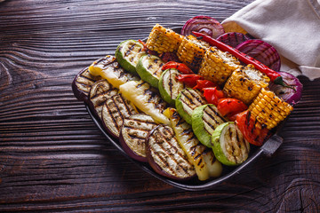 appetizing fresh grilled vegetables in a cast iron skillet