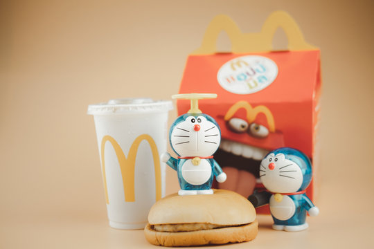 Samut Prakan, Thailand - August 24, 2020 : Happy Meal 50th Years of Doraemon. Doraemon character