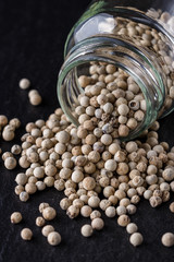 white peppercorns on dark slate stone background