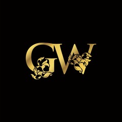 Gold Luxury G and W, GW Letter Initial Logo Icon, Monogram Floral Leaf Logo Design.