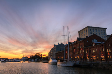 Fototapeta na wymiar Amazing sunrise cityscape in North Harbour, Pohjoissatama, Helsinki downtown, Finland