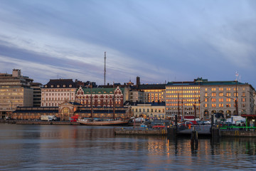 Amazing sunrise cityscape in North Harbour, Pohjoissatama, Helsinki downtown, Finland