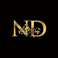 Gold Luxury N and D, ND Letter Initial Logo Icon, Monogram Floral Leaf Logo Design.