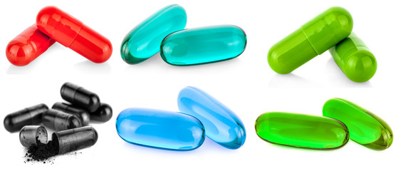 capsule and powder isolated on white background