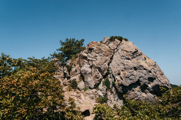 National Park, tourist camping place. Beautiful stone rock mountain close-up. Green vegetation on a rocky mountain rock.