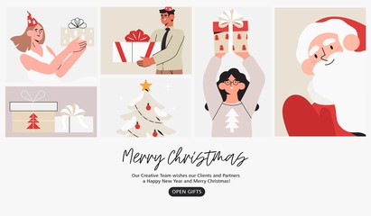 Christmas or new year banner, flyer, poster, social media banner with people celebrating winter holidays with gifts and presents and Santa Claus. Secret Santa poster template or greeting card design.