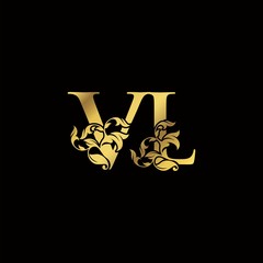 Gold Luxury V and L, VL Letter Initial Logo Icon, Monogram Floral Leaf Logo Design.