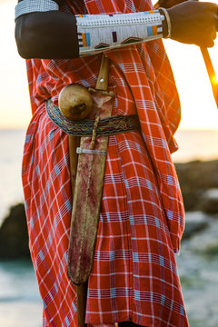 Close up of Maasai warrior with a traditional knife attached to a belt