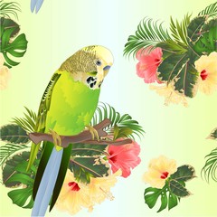 Seamless texture green  Budgerigar, home pets ,green  parakeet  on a branch bouquet with tropical flowers hibiscus, palm,philodendron watercolor vintage vector illustration editable hand draw