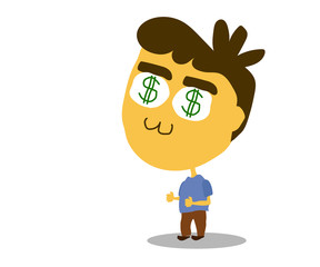 A man with dollars in his eyes. Big earnings. Vector illustration.