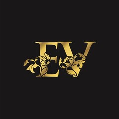 Golden Ornate Luxury Floral E and V, EV Letter Initial Logo Icon, Monogram Floral Leaf Logo Design.