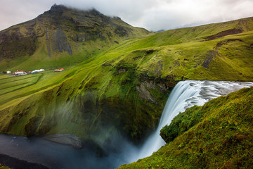 A long exposure view captured from the top of Skogafoss Waterfall.