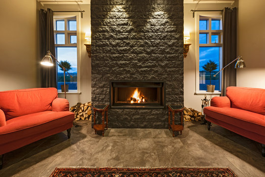 fireplace at lounge at luxury hotel in Iceland