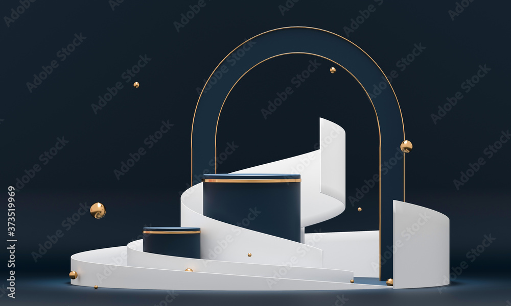 Poster 3d rendering podium geometry with blue and gold elements. abstract geometric shape blank podium. min